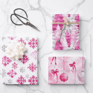 Pink Silver Glam Snowflakes Christmas Trees   Wrapping Paper Sheet