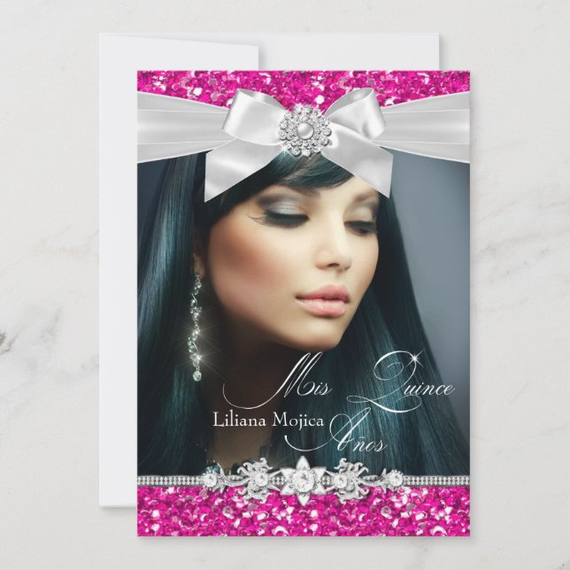 Pink Silver Glitter Bow Photo Quinceanera Invite (Front)