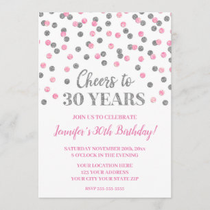 Pink Silver Glitter Confetti Cheers to 30 Years Invitation