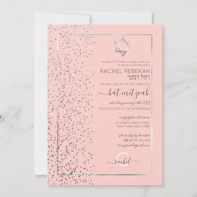 Pink Silver Glitter Confetti Side Bat Mitzvah Invitation (Front)