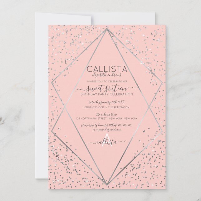 Pink Silver Glitter Confetti Terrarium Sweet 16 Invitation (Front)