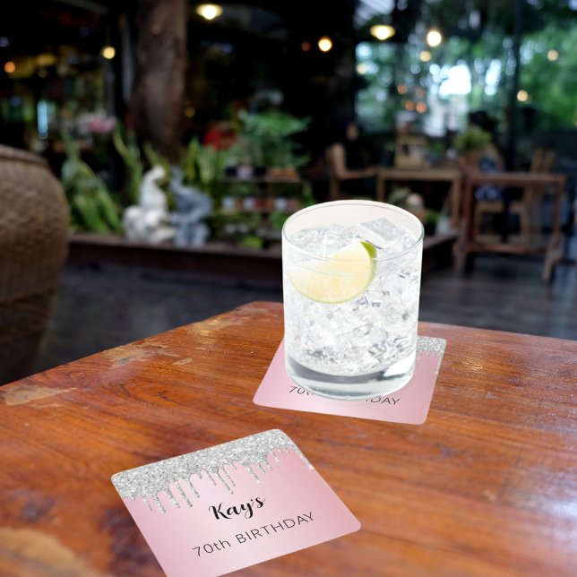 Pink silver glitter drips name birthday square paper coaster (Creator Uploaded)