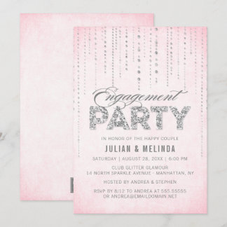 Pink & Silver Glitter Engagement Party Invitation