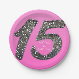 Pink & Silver Glitter Fifteen 15 Birthday Party Paper Plate