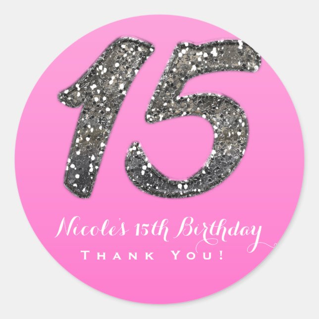 Pink & Silver Glitter Fifteen 15 Party Favour Classic Round Sticker (Front)