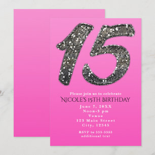 Pink & Silver Glitter FIFTEEN 15 Party Invitations