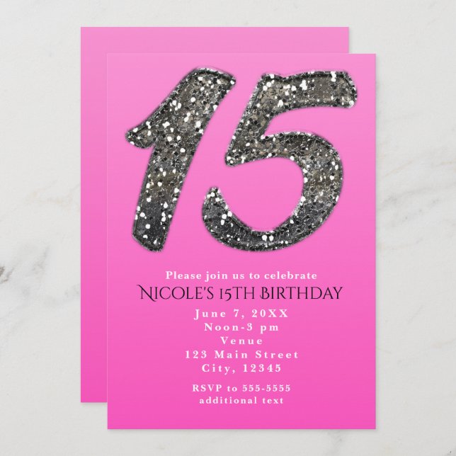 Pink & Silver Glitter FIFTEEN 15 Party Invitations (Front/Back)