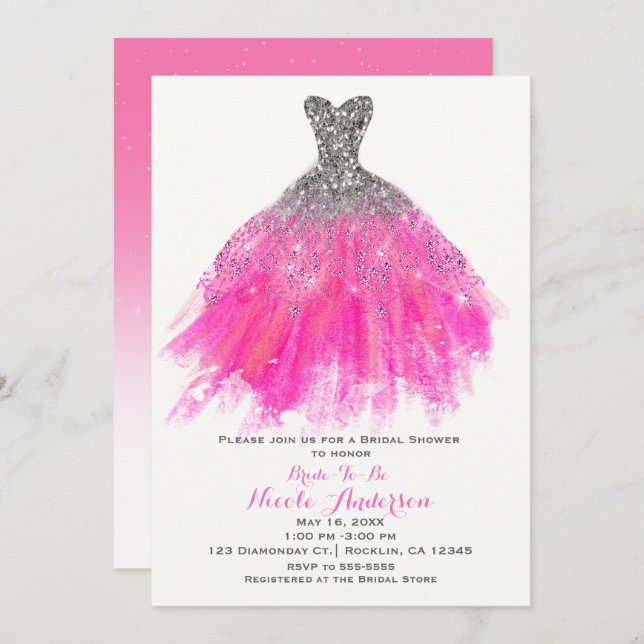 Pink & Silver Glitter Glam Dress Bridal Shower Invitation (Front/Back)