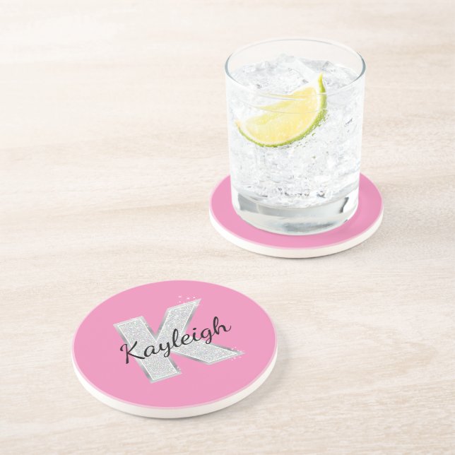 Pink Silver Glitter letter K Coaster (Side)