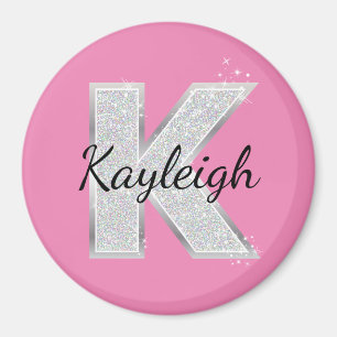 Pink Silver Glitter letter K Magnet