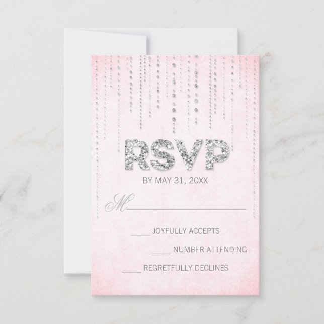 Pink & Silver Glitter Look Wedding RSVP Card (Front)