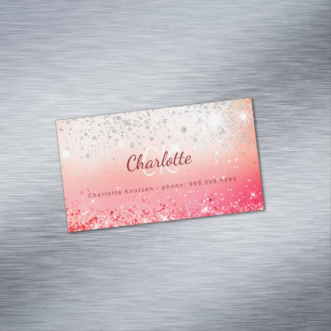 Pink Silver glitter monogram initials  Magnetic Business Card (In Situ)