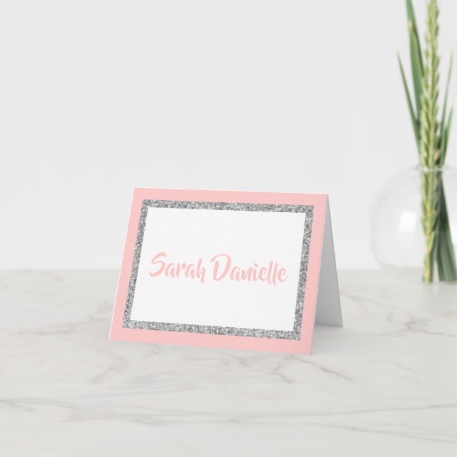Pink & Silver Glitter Personalised Thank you Card (Front)