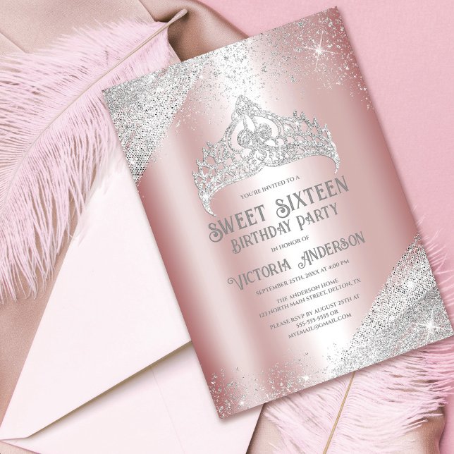 Pink Silver Glitter Princess Tiara Sweet 16 Invita Invitation (Creator Uploaded)