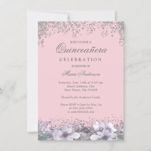 Pink Silver Glitter Purple Flower Quinceanera Invitation