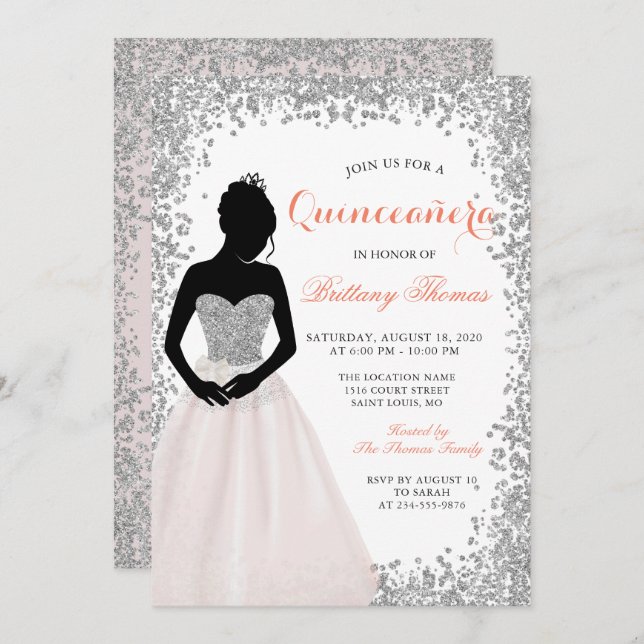 Pink Silver Glitter Quinceanera 15th Birthday Invitation (Front/Back)
