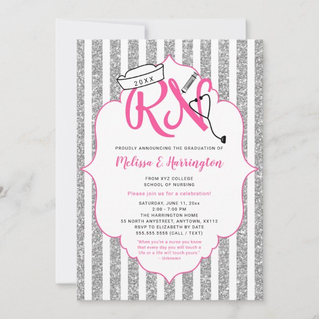 Pink Silver Glitter RN graduation party Invitation (Front)