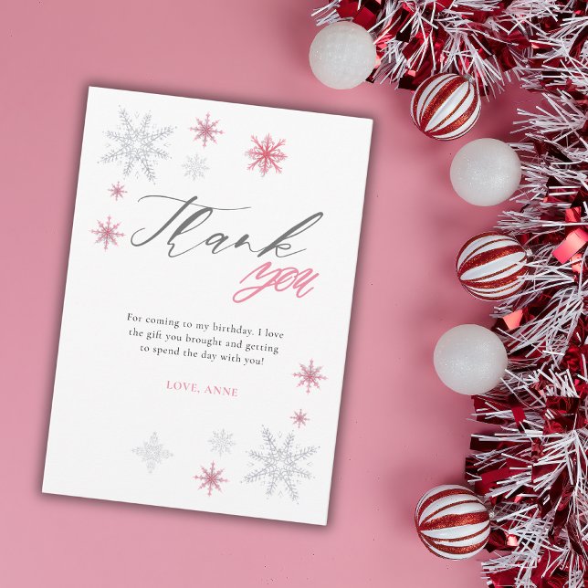 Pink Silver Glitter Snowflakes 1st Birthday Party  Thank You Card (Creator Uploaded)