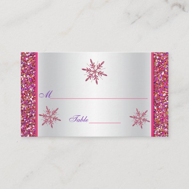 Pink, Silver Glitter Snowflakes Placecard (Front)