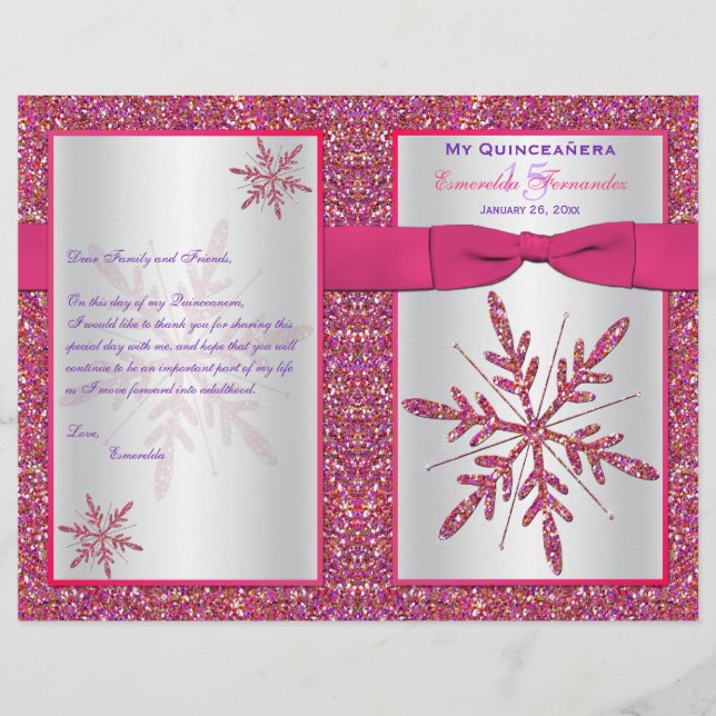 Pink Silver Glitter Snowflakes Quinceañera Program (Front)