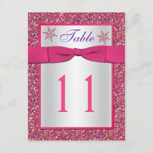 Pink, Silver Glitter Snowflakes Table Number Card