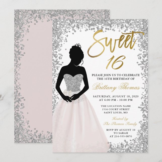 Pink Silver Glitter Sweet Sixteen 16 Birthday Invitation (Front/Back)