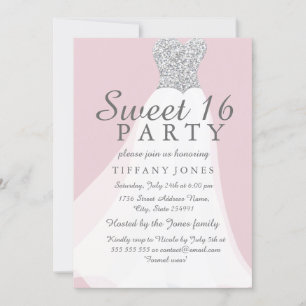 Pink Silver Glitter White Dress Sweet 16 Invite