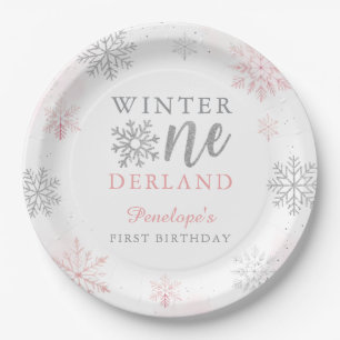 Pink Silver Glitter Winter Onederland 1st Birthday Paper Plate