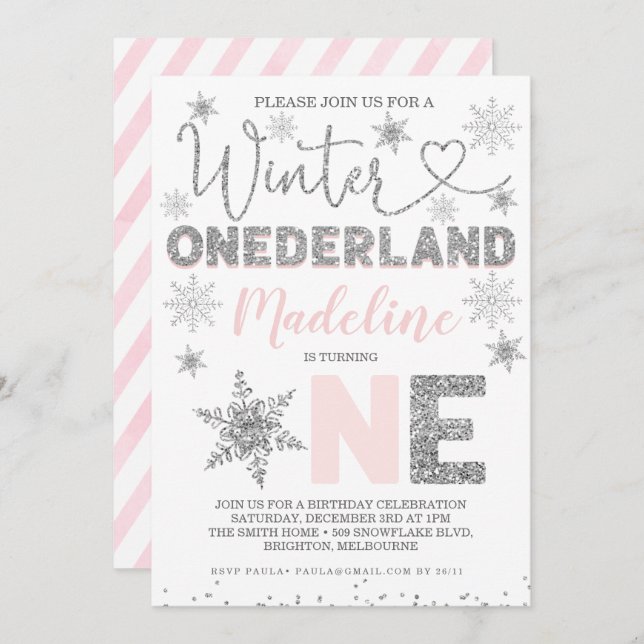 Pink Silver Glitter Winter Onederland Birthday Invitation (Front/Back)