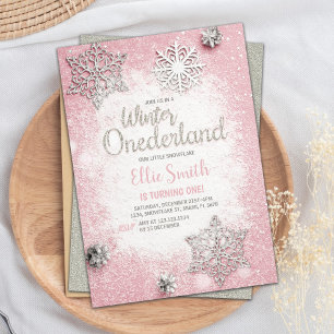 Pink Silver Glitter Winter ONEderland Invitations