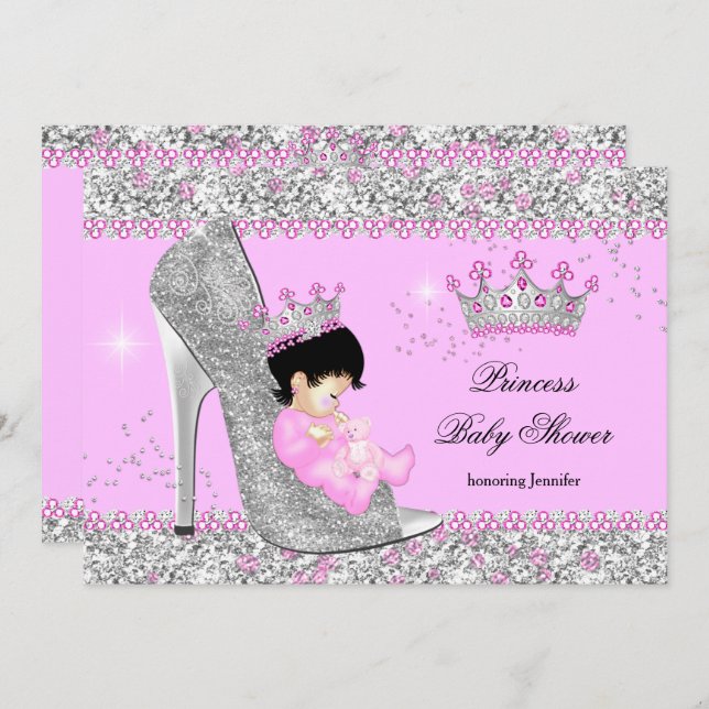Pink Silver High Heel Princess Baby Shower Tiara Invitation (Front/Back)