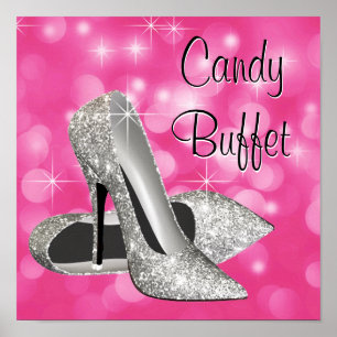 Pink Silver High Heel Shoe Candy Buffet Sign