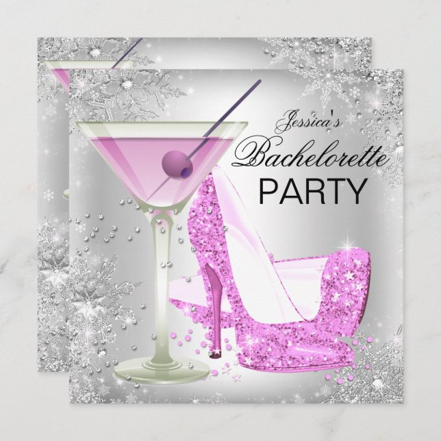 Pink Silver High Heel Shoes Bachelorette Party Invitation (Front/Back)