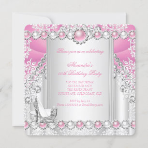 Pink Silver High Heels Pearl Birthday Party 3 Invitation