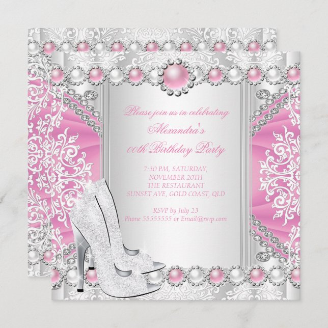 Pink Silver High Heels White Pearl Birthday Party Invitation (Front/Back)