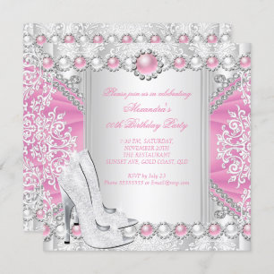 Pink Silver High Heels White Pearl Birthday Party Invitation
