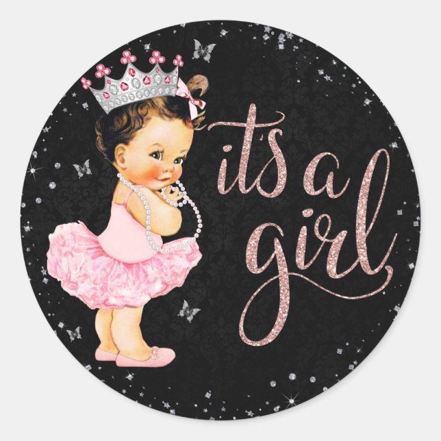 Pink Silver It's a Girl Princess Girl Baby Shower Classic Round Sticker (Front)
