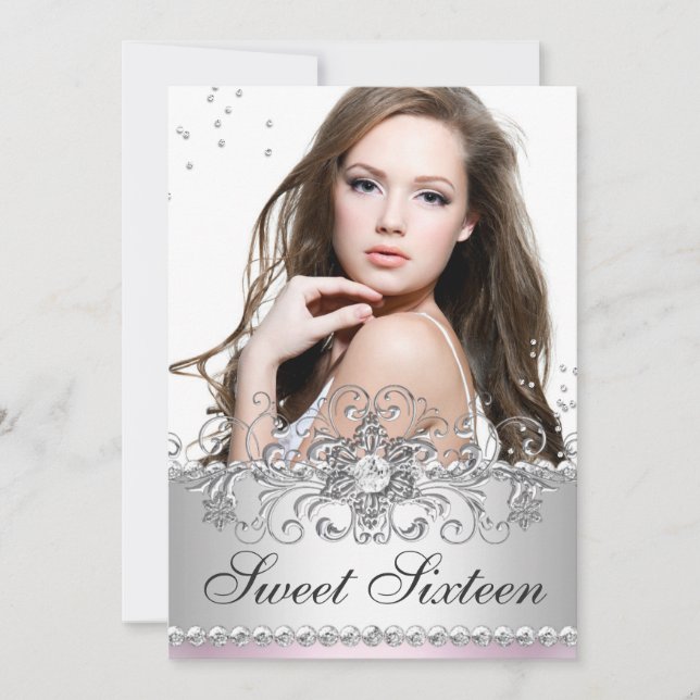 Pink & Silver Jewel Snowflake Swirl Sweet 16 Photo Invitation (Front)