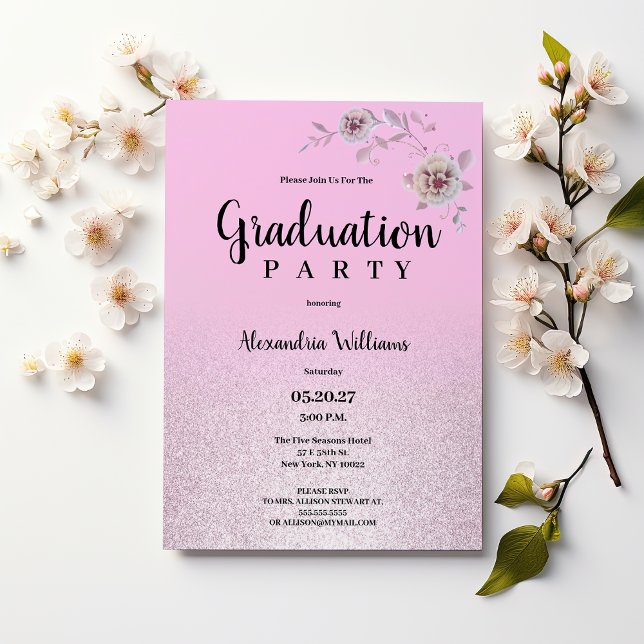 Pink silver lavender glitter flower Graduation Invitation (Pink silver lavender glitter flower Graduation)