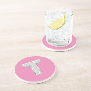 Pink Silver Letter T Coaster