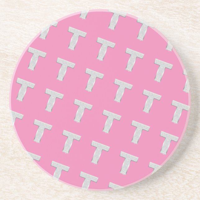 Pink Silver Letter T Coaster (Front)