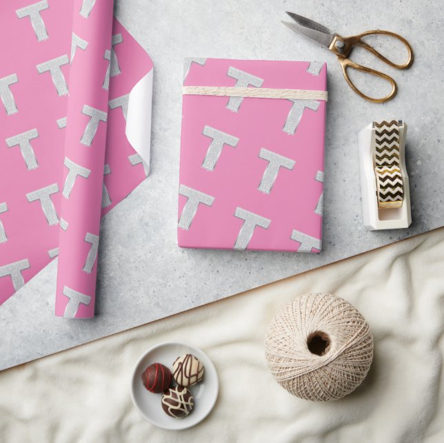 Pink Silver Letter T Wrapping Paper (Crafts)