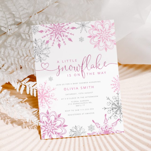 Pink silver little snowflake girl baby shower  invitation (Creator Uploaded)