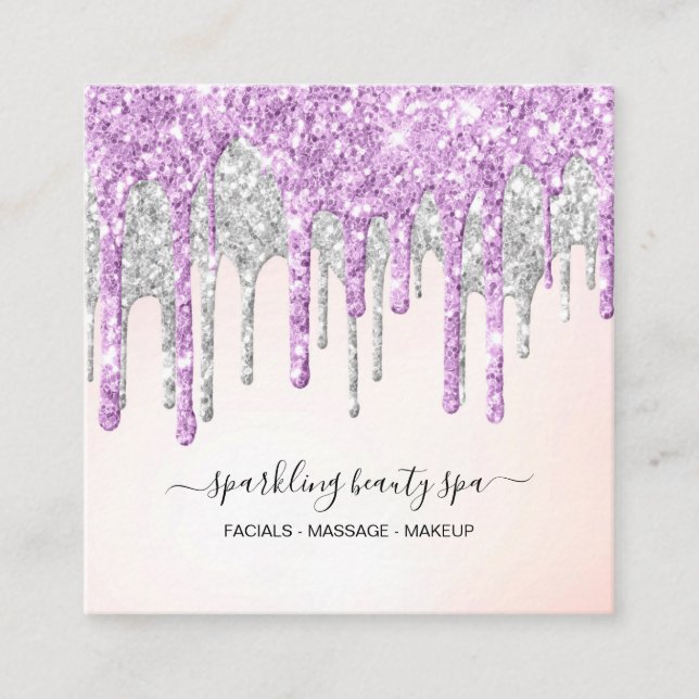 *~* Pink SILVER MAGENTA Dripping GLITTER Drip AP7  Square Business Card (Front)