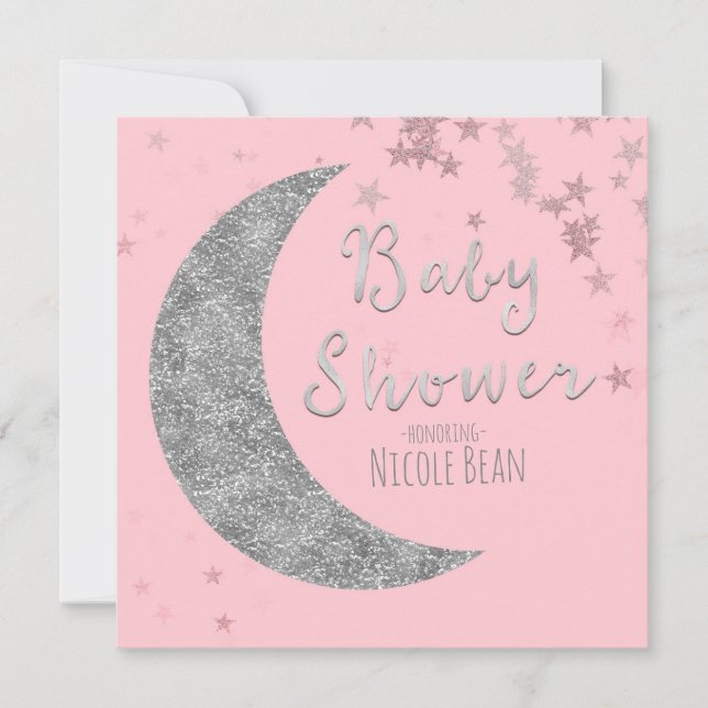 Pink & Silver Moon & Stars Baby Shower Invitations (Front)