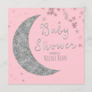 Pink & Silver Moon & Stars Baby Shower Invitations