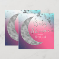 Pink Silver Moon & Stars Baby Shower Invitations