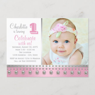 Pink Silver Pearl First Birthday Invitation