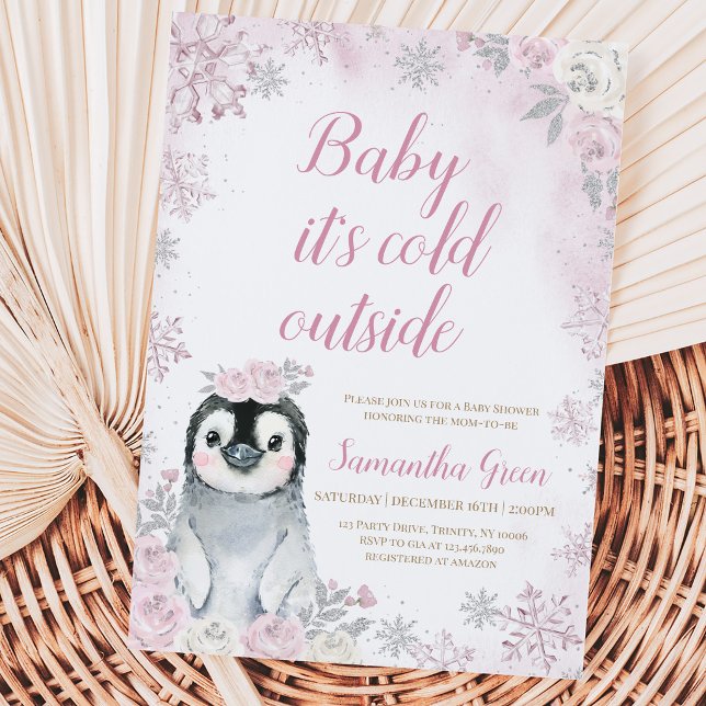Pink Silver Penguin Baby Shower Invitation (Creator Uploaded)