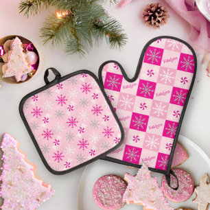 Pink & Silver Peppermints Snowflakes Add Your Name Oven Mitt & Pot Holder Set